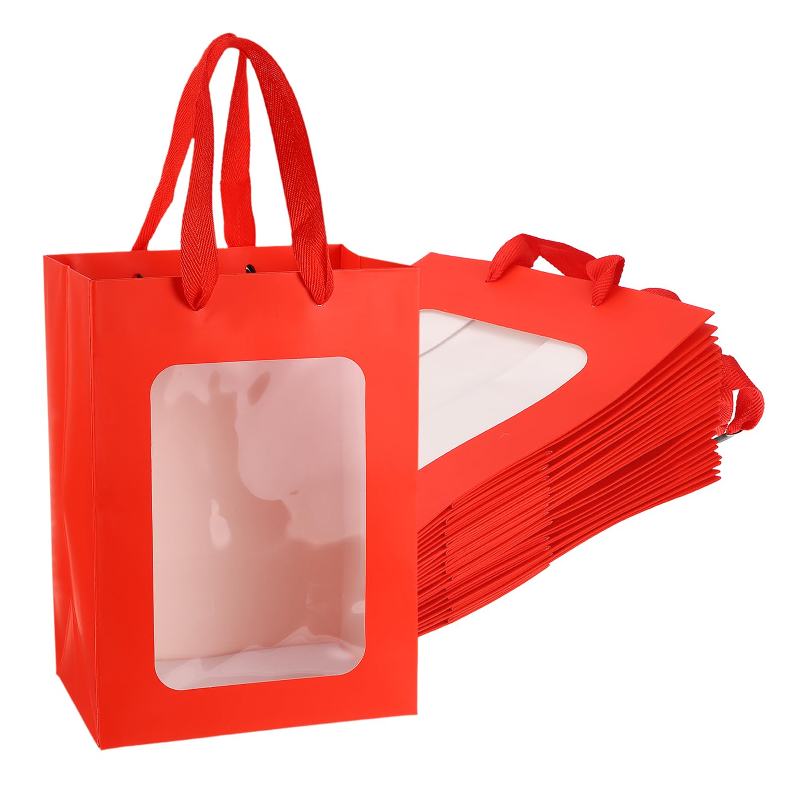PATIKIL Gift Bags with Clear Window, (18 x 13 x 25cm, Red)(12 Pcs), Small Gift Wrap Bags with Handles, Suit for Wedding/Birthday/Bridesmaid/Party/Shopping