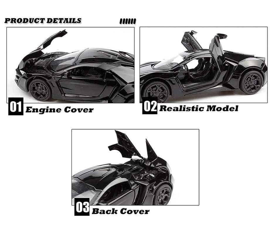 Image of 1:32 Scale LYKAN Hyper Sport Toy Car | Metal Pullback Diecast Car for Kids with Openable Doors, Sound, Light Effects Toy for Car Enthusiasts (Color As Per Available), black