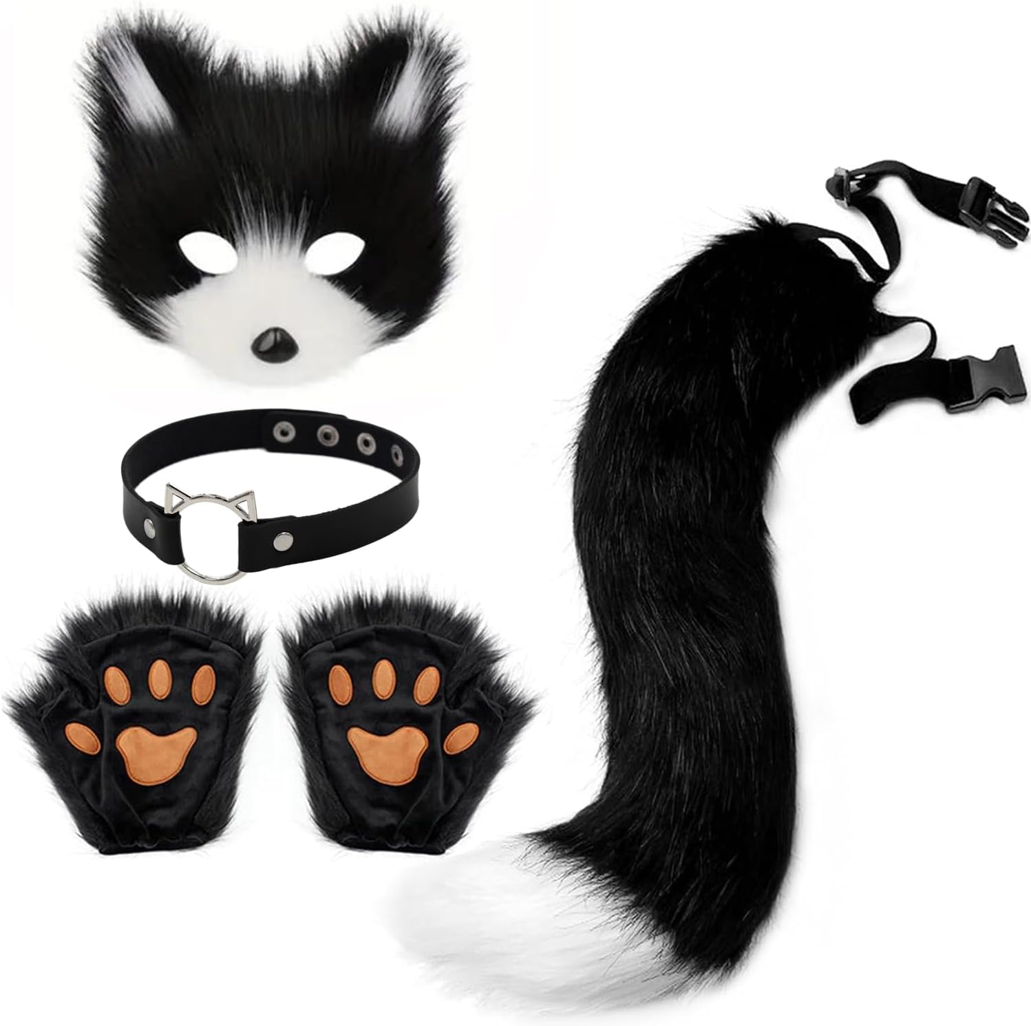 Faux Fur Fox Tail Wolf Cat Mask Paw Gloves Leather Necklace Set Halloween Christmas Party Cosplay Costume