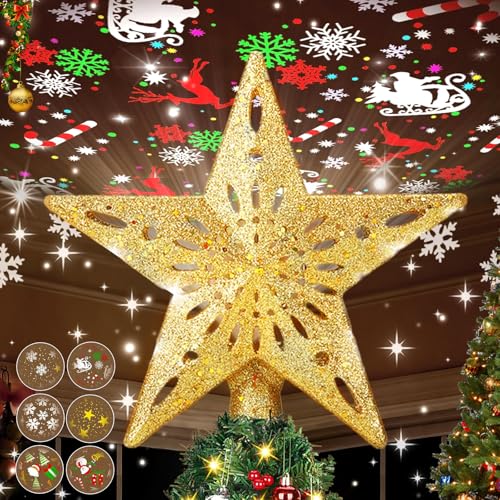 JIMACRO 3D Estrella Arbol de Navidad con Luz, Rotación de 360° Estrella Arbol Navidad, EstrellaNavidadArbol con Proyector LED Dinámico (Oro)