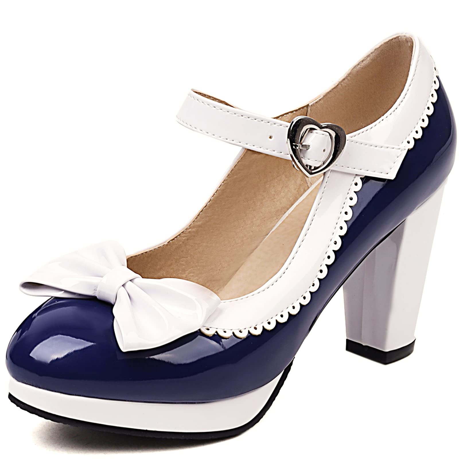 Smilice Women Sweet Block Heel Pumps Platform Mary Jane Shoes