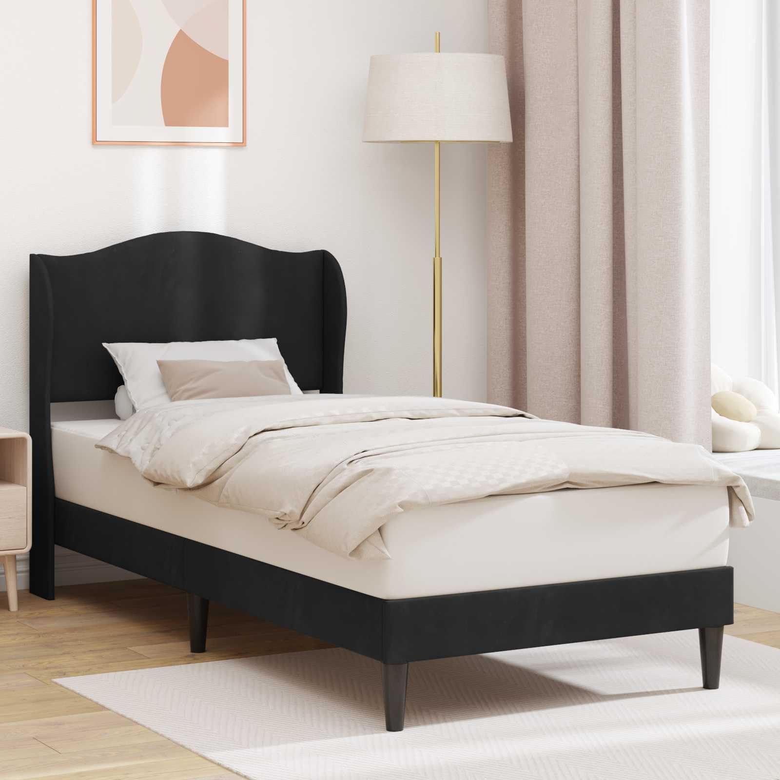 Rama de cama con cabecero de terciopelo negro 90x200 cm estructura moderna con listones robustos para dormitorio y habitacion de huespedes