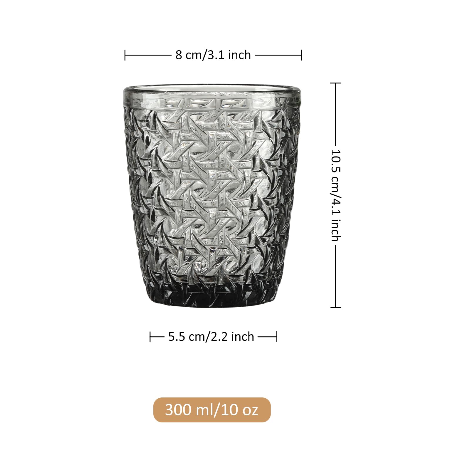 Joeyan Gris Verre a Eau,Empilable Verres à Boire Gobelet Vintage en Relief Fleur,pour Jus Boissons Bière Cocktail,300 ML,Lot de 6,Sécurité au Lave Vaisselle