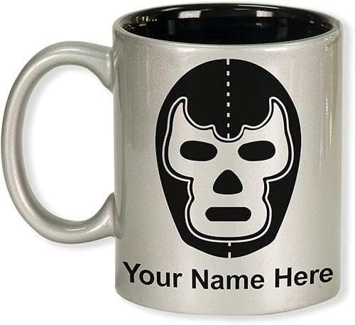 Taza de café redonda de cerámica de 11 onzas, máscara Luchador, grabado personalizado incluido (plata)