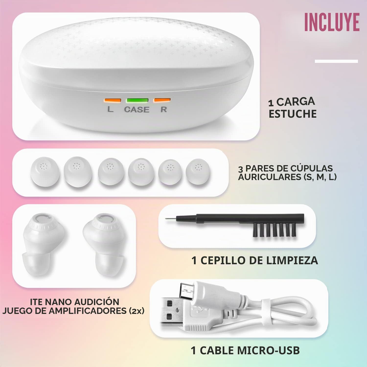 Mini Digital - ITE Recargable Personal - Dispositivo liviano con cancelación de ruido, detección en el oído y dial de control de volumen para adultos mayores, blanco