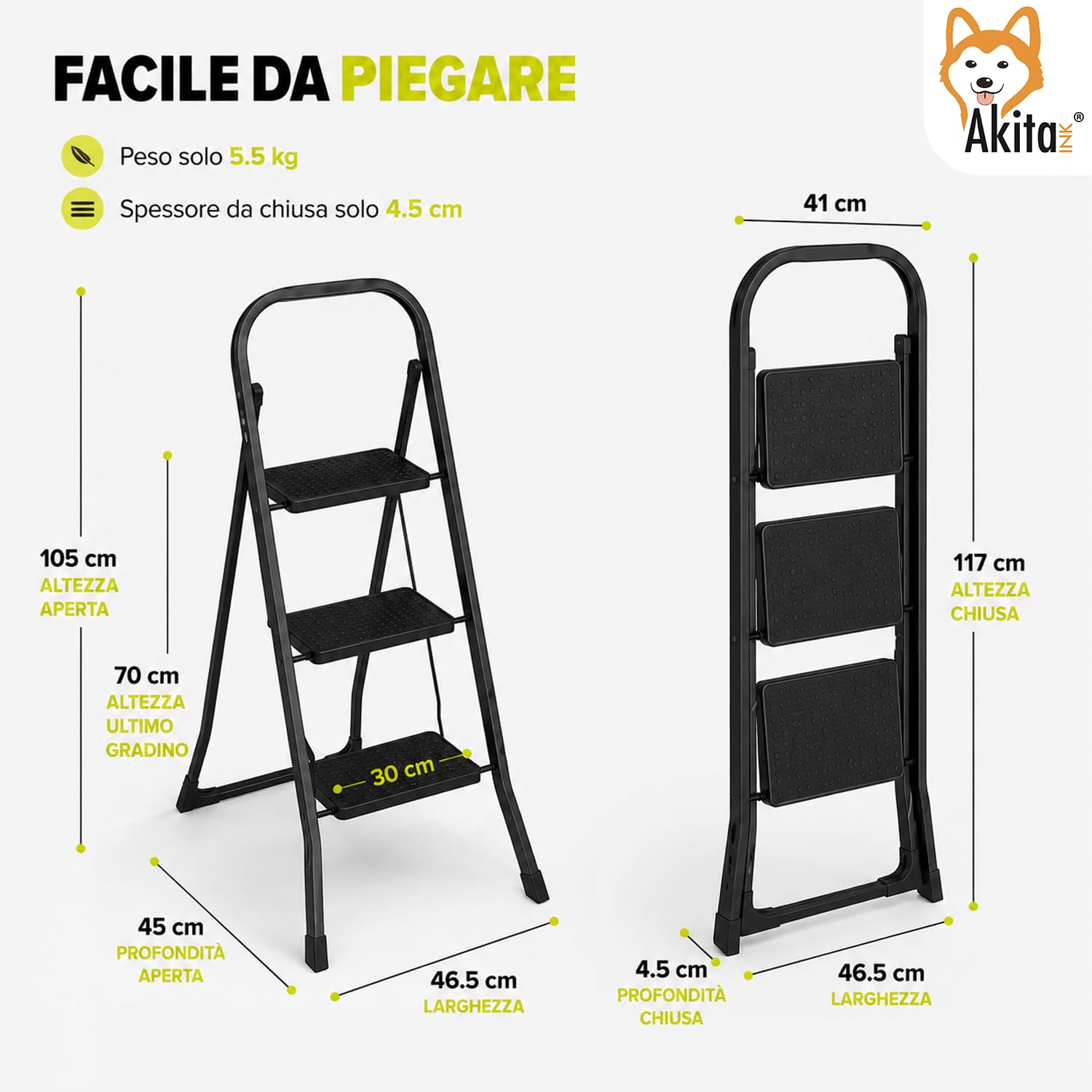 AkitaInk Scaletta Pieghevole in Acciaio Nero Antiscivolo, Scala Multiuso a 3 Gradini, Salvaspazio, Portata 150 kg, Certificata EN14183