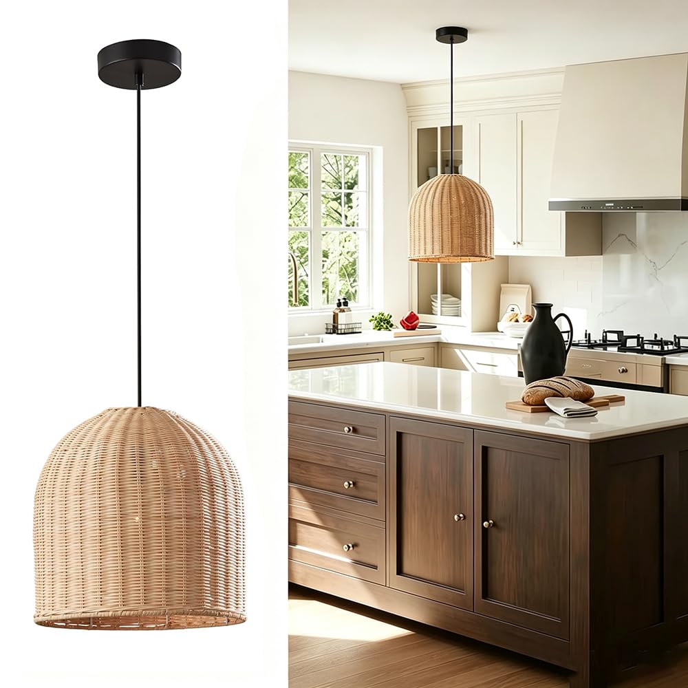 XQIDIANAA Beige Rattan Pendant Light for Dining Room,Farmhouse Chandelier Wicker Chandelier Boho Hanging Light Fixture for Kitchen Foyer Restaurant