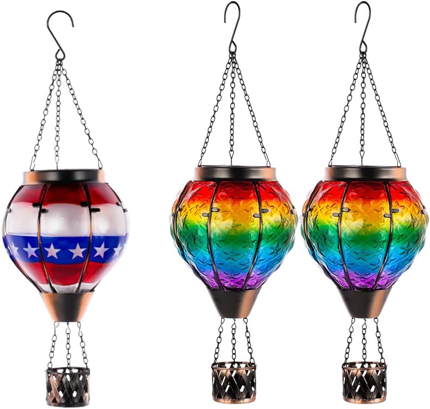DREAMSOUL Flag Hot Air Balloon Solar Lantern + 2 PCS Rainbow Solar Hot Air Balloon Lantern with Flame