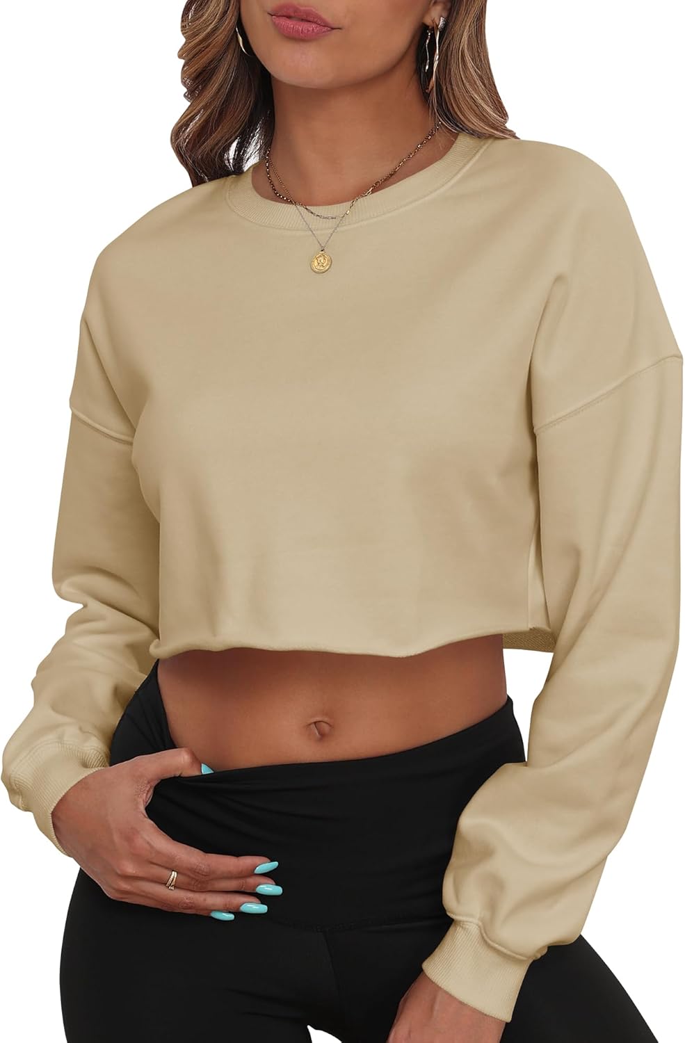 PRIMODA Women's Crewneck Cropped Sweatshirt Loose Pullover Sweatshirt Long Sleeve Crop Tops