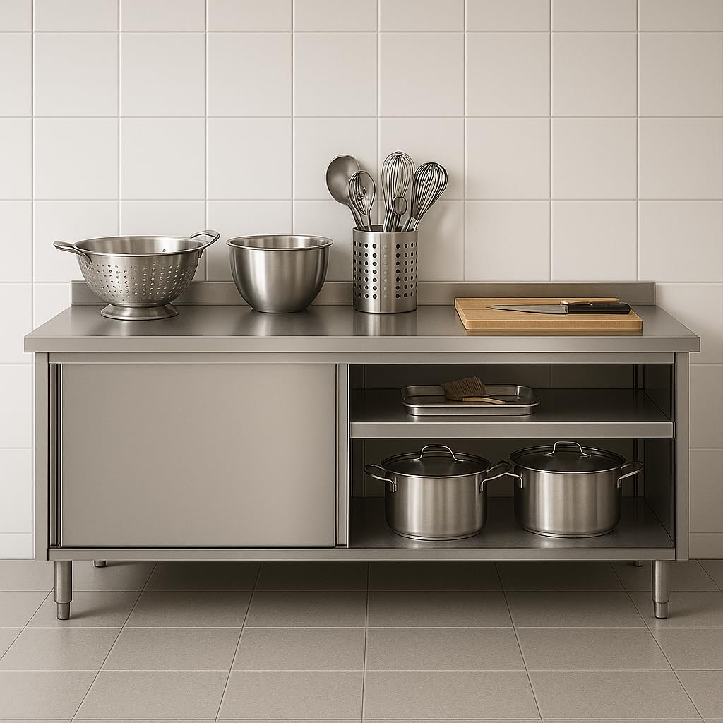 Générique Meuble Neutre INOX adossé Professionnel – 2000 mm de Long – Profondeur 700 mm – dosseret Amovible – Portes coulissantes