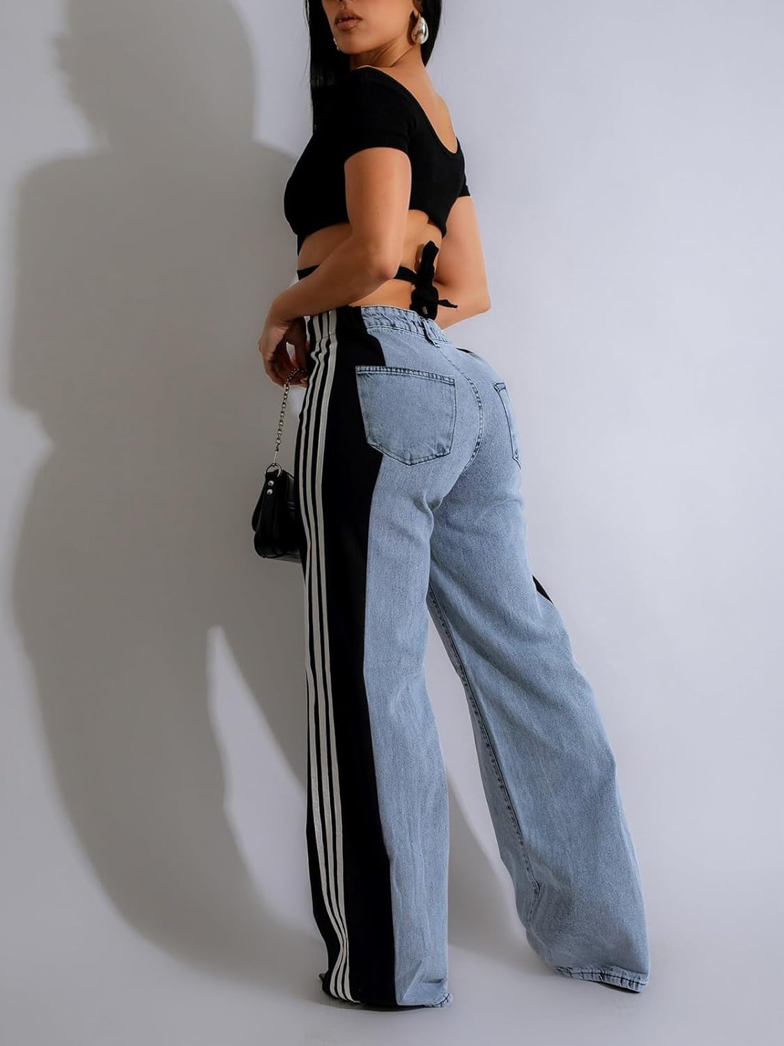 KANSOON Womens Jeans High Waisted Patchwork Side Stripes Color Block Stretchy Wide Leg Straight Trendy Denim Pants - Image 5