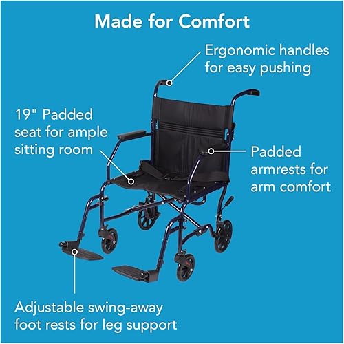 Miniatura 9 de Carex Silla de ruedas de transporte con cojín para silla de ruedas, asiento de 19 pulgadas, silla de transporte plegable con reposapiés, silla de