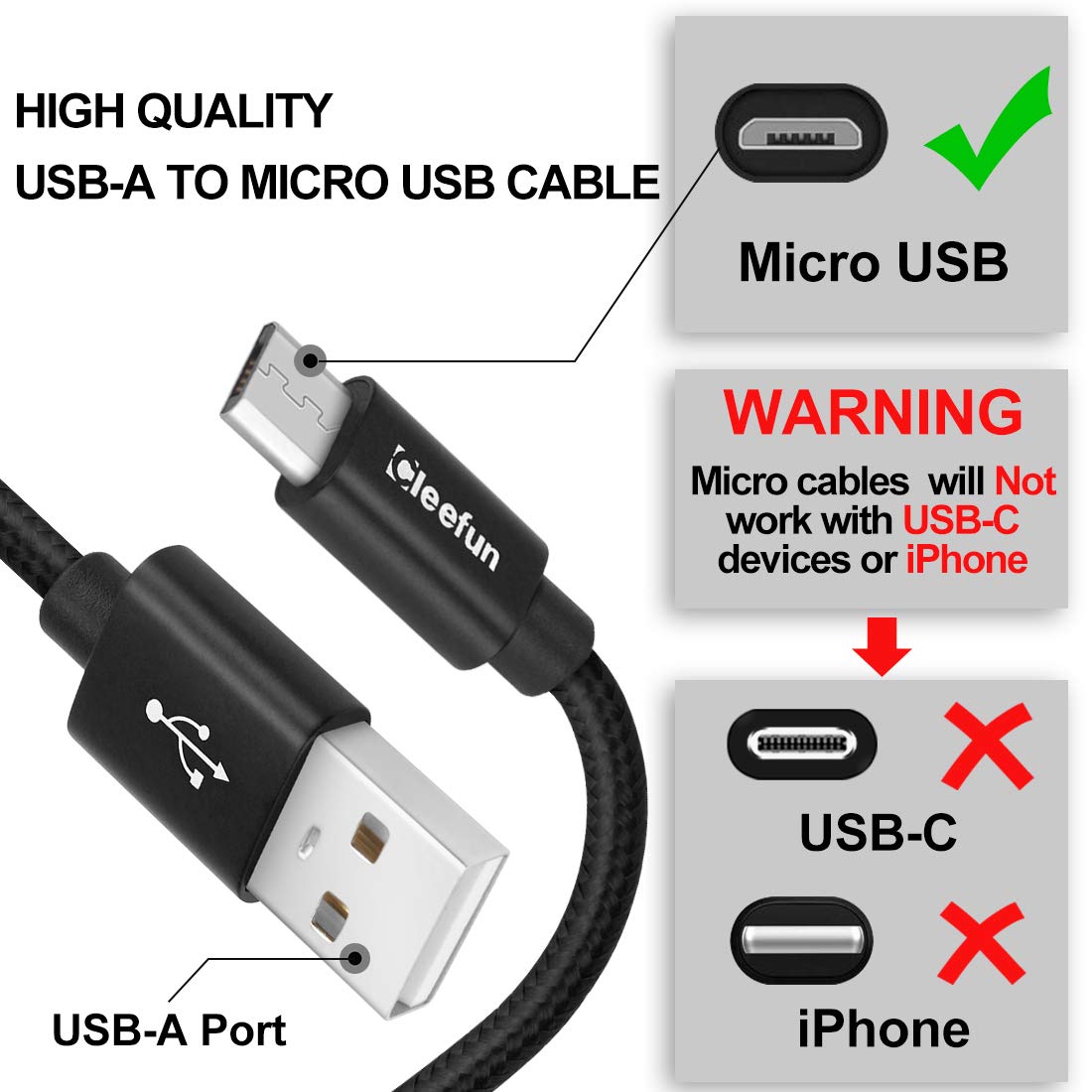 CLEEFUN Micro USB Cable Android, [2-Pack, 10 ft] Nylon Braided Charging & Data Sync Android Charger Cord