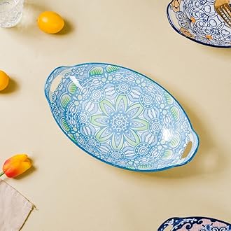 Nestasia Blue and Green Mandala Ceramic Long Serving Platter With Handles For Snacks, Appetizers, Salads, and Noodles| Microwave Safe, Dishwasher Safe (10.8 Inch)