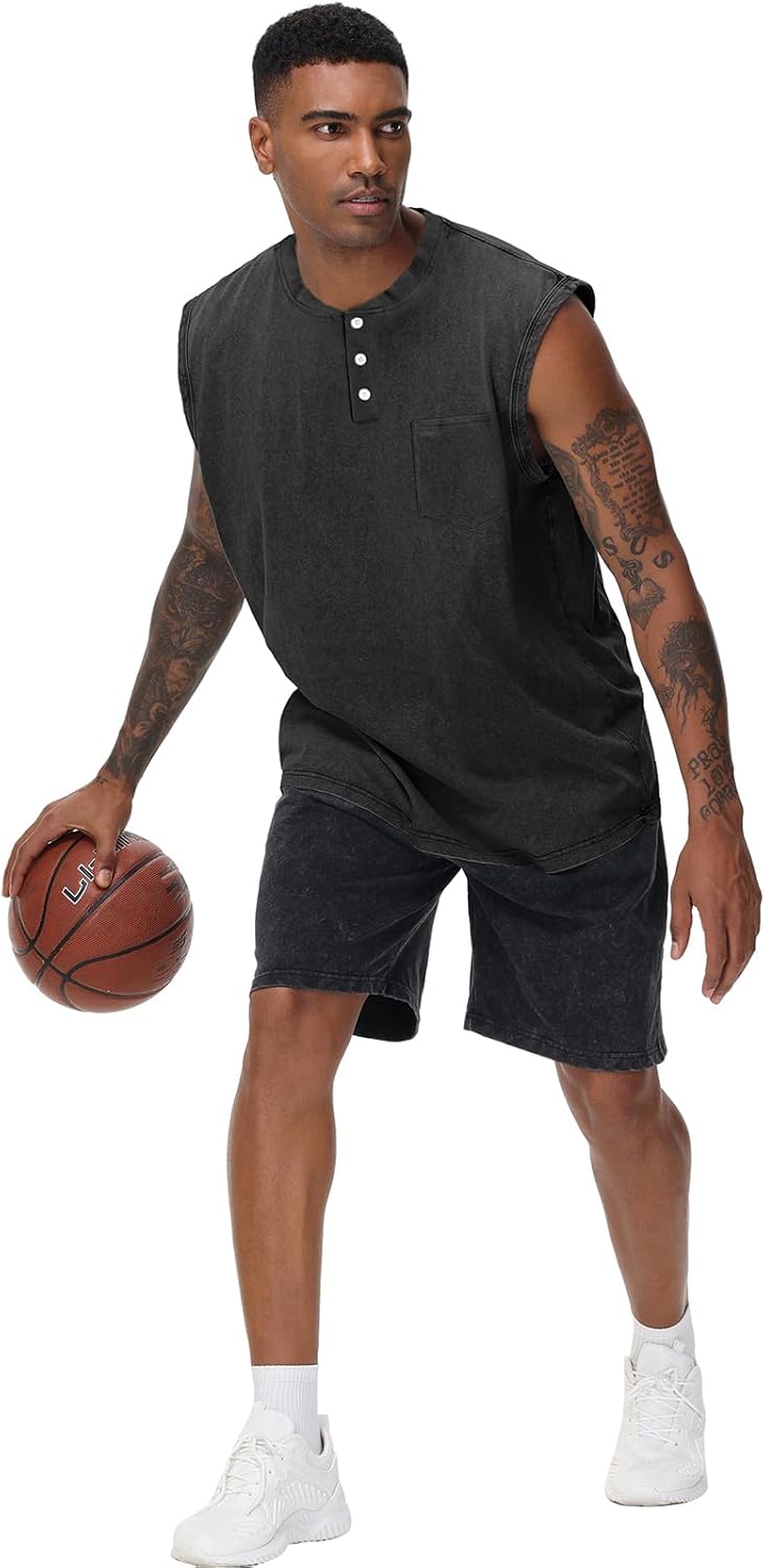 KEEPSHOWING Mens Workout Tank Tops Sleeveless Tee Shirts Muscle Gym Shirts Acid Wash T Shirts Running Loose Fit Tee - Image 2