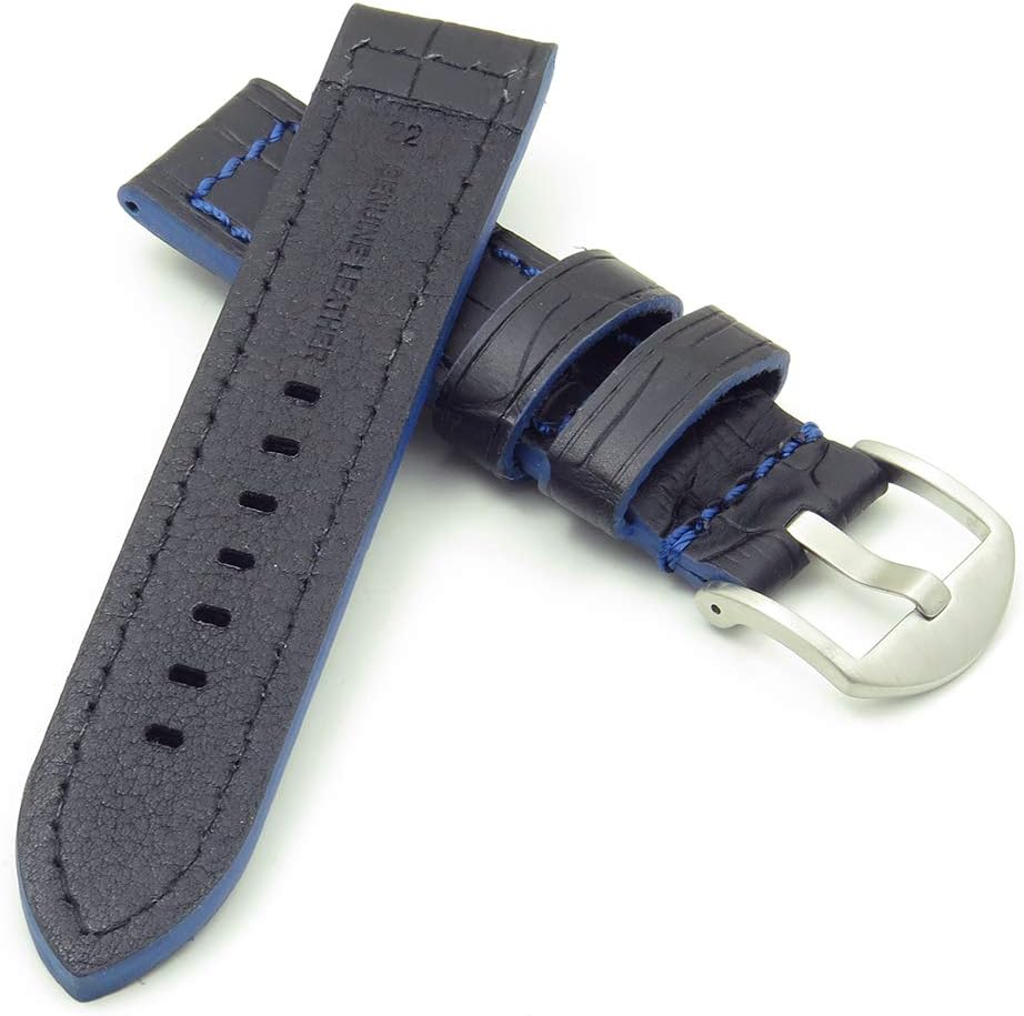 DASSARI Flash Thick Crocodile Embossed Rally Leather Watch Band Strap with Contrast Stitching - Choose Your Color - 20mm 22mm 24mm 26mm