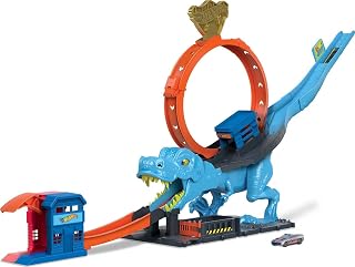 Hot Wheels City T-Rex Chomp-Down Track Set with Giant Loop Stunt, 1 Car, Defeat Dinosaur Playset for Kids 4+