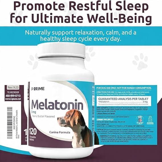 Prime Melatonin for Dogs - Composure Calming Chews - Sleep Aid Tablets - Reduce Stress - 3 mg 120 Peanut Butter Flavored Tablets