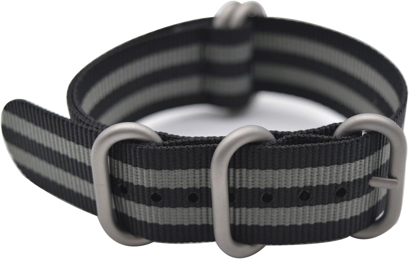 Watch Band with Colorful Nylon Material Strap and Heavy Duty Brushed Buckle (Black/Grey, 22mm)