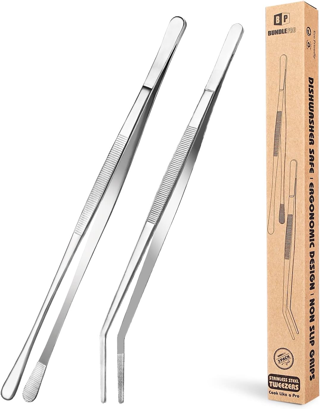 2 Pcs Kitchen Fine Tweezer Tongs, 12'' Stainless Steel Food