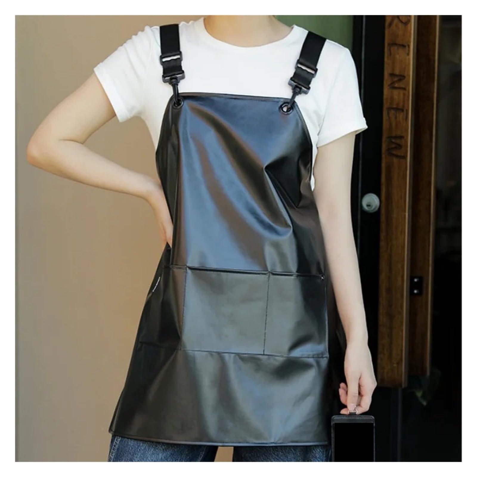 delantal Delantal de PU impermeable negro con correas cruzadas ajustables for los hombros cafetería barbería ropa trabajo for lavado autos