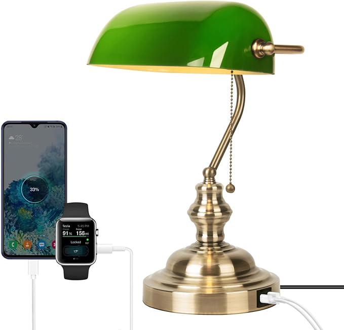 JCPYIUL Green Bankers Lamp with Pull Switch, Retro Desk Lamp with USB & Type C Charging Ports, Antique Library Lamp for Home Office, Library, Study Room