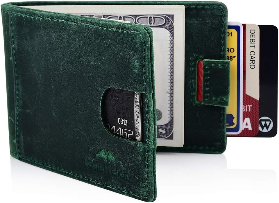 Men's Genuine Leather RFID Blocking Wallet with Money Clip for Men Father Husband Boyfriend Slim Bifold Profile (Green)