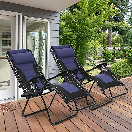 MAISON ARTS Padded Zero Gravity Lawn Chairs Set of 2 Foldable Patio Recliners Anti Gravity Lounge Chairs w/Pillow & Cup Holder Outdoor Camp Chairs for Poolside Backyard Beach, Blue - Thumbnail 2