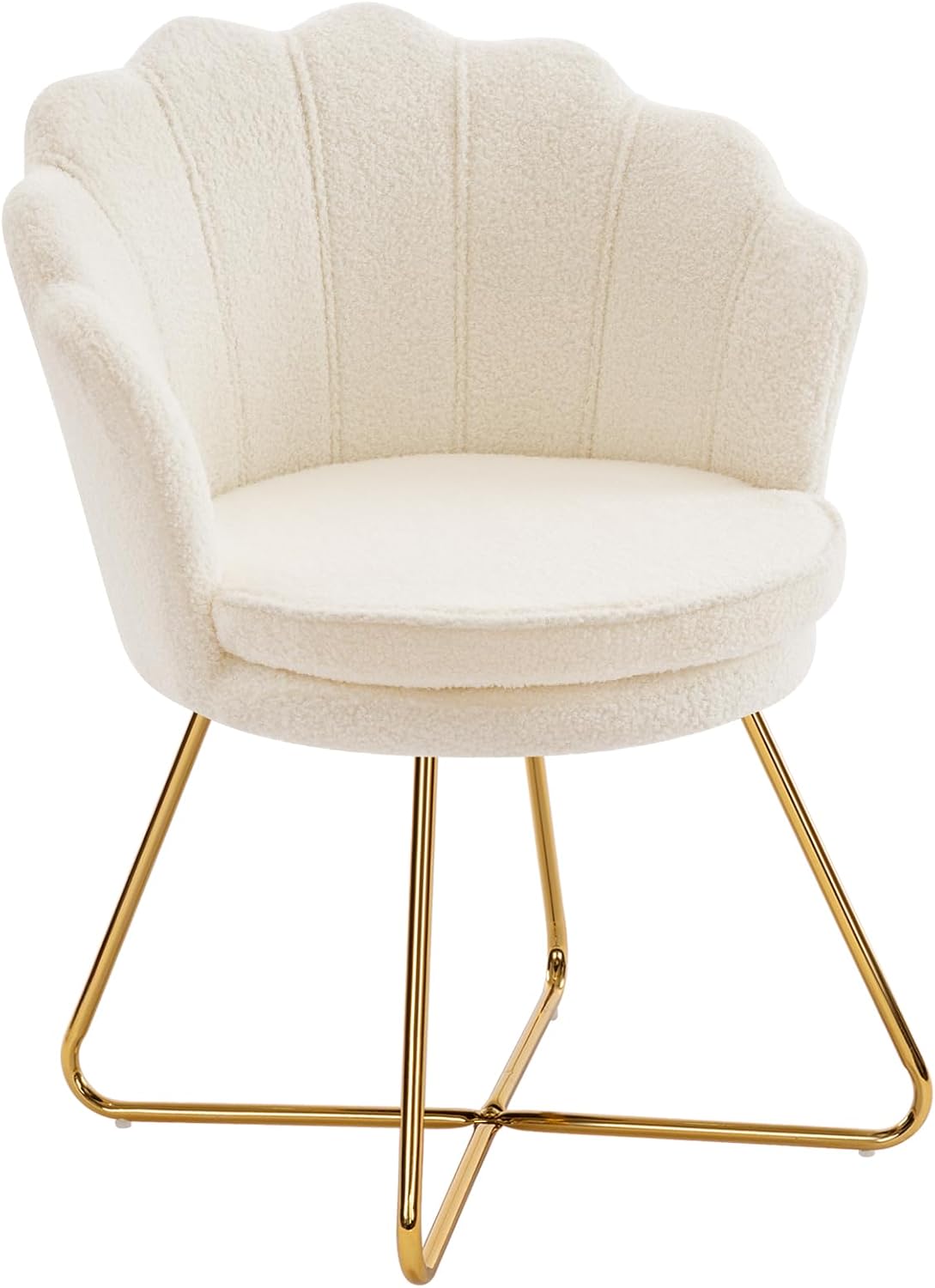 Furnimart Vanity Chair with Back, Shell Accent Chair for Living Room, Criss Cross Chair with Gold Legs, Makeup Chair for Bedroom Desk Chair no Wheels, Faux Fur White