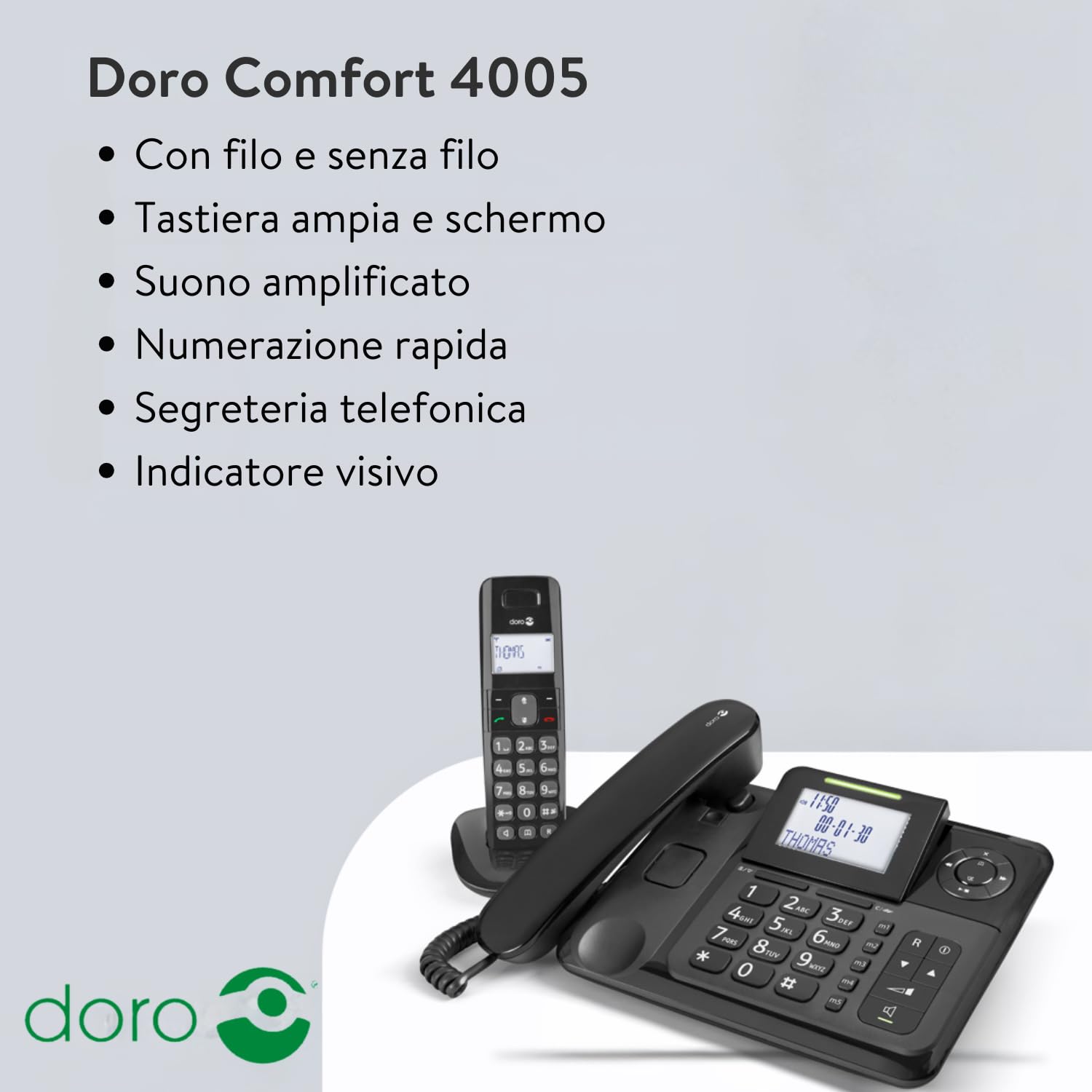 Doro Comfort 4005 Telefono Fisso Casa + Telefono Cordless DECT - Telefono Anziani - Segreteria Telefonica - Cordless Anziani - Chiamata Rapida - Identificazione Chiamante - Vivavoce (Nero)