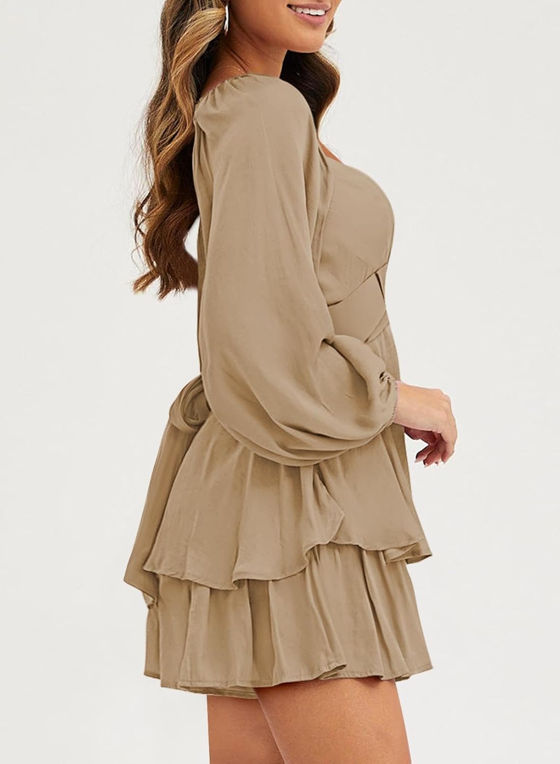 Fixmatti Women off Shoulder Rompers Lantern Long Sleeve Ruffle Tie Mini Shorts Jumpsuit - Image 6