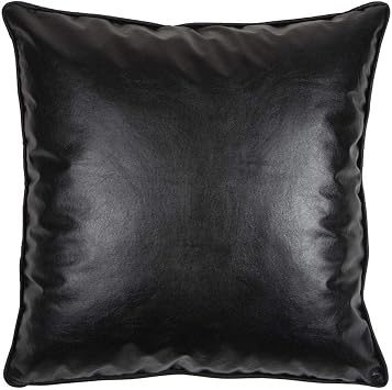 Lychee Faux Leather 22"x22" Inch Square Black Pillowcase Cushion Cover with Satin Piping Handcrafted Modern Solid Decorative/Throw Slipcover for Couch, Sofa, Lounge, Bedroom