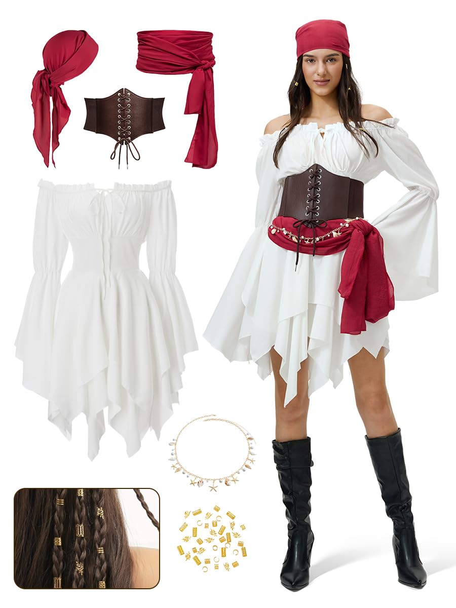 Disfraz Pirata Mujer Completo, Vestido Off Shoulder con Doble Capa + Corsé Ajustable + Pañuelo y Faja + Cadena Dorada y 40 Cuentas Trenzas para Carnaval y Fiestas