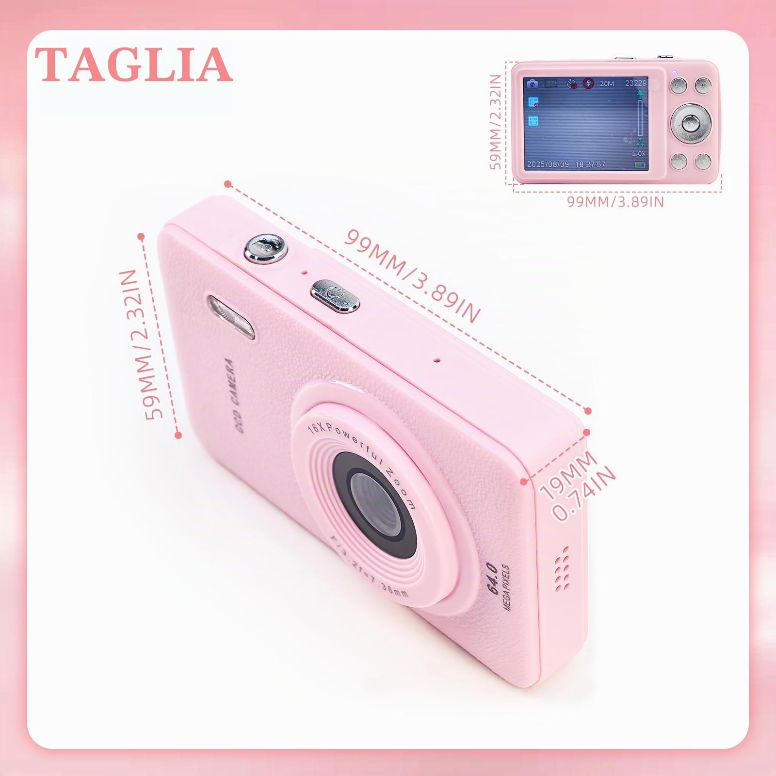 Fotocamera digitale, 16MP 1080P FHD con display da 2,4 pollici, zoom 16x, autofocus, anti-shake, fotocamera compatta e portatile entry-level per foto e video, Rosa