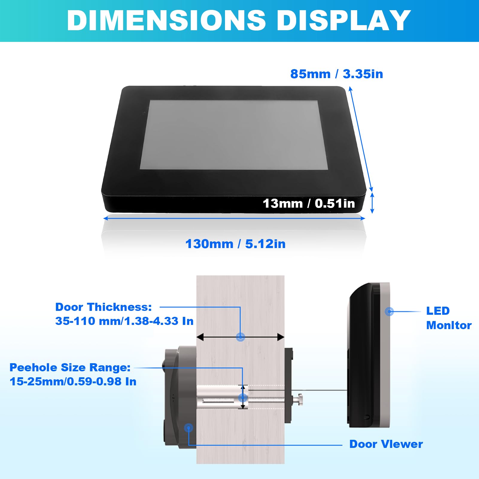 Visionneuse Porte Numérique 4,3 Pouces Caméra Sonnette Vidéo écran Couleur TFT 1MP étanche