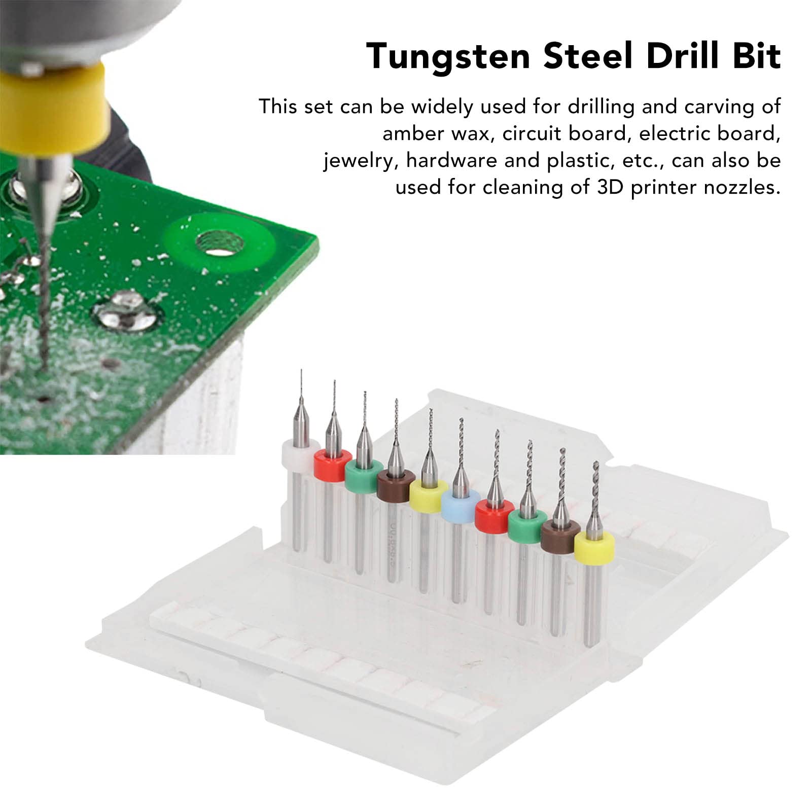 Respicefinem 10 Pcs Twist Drill Bit Set with 1/8in Shank Tungsten Steel Strong Abrasion High Hardness Drill Bits for Drilling Carving Amber Wax Circuit Board Electric Board (0.3-1.2mm)