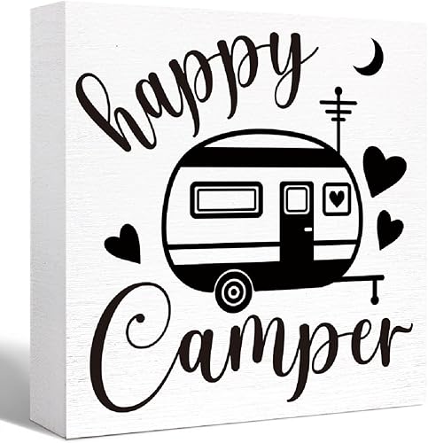 Letrero de madera para campamento, divertido letrero rústico de madera con texto en inglés Happy Camper, decoración para el hogar, casa rodante,