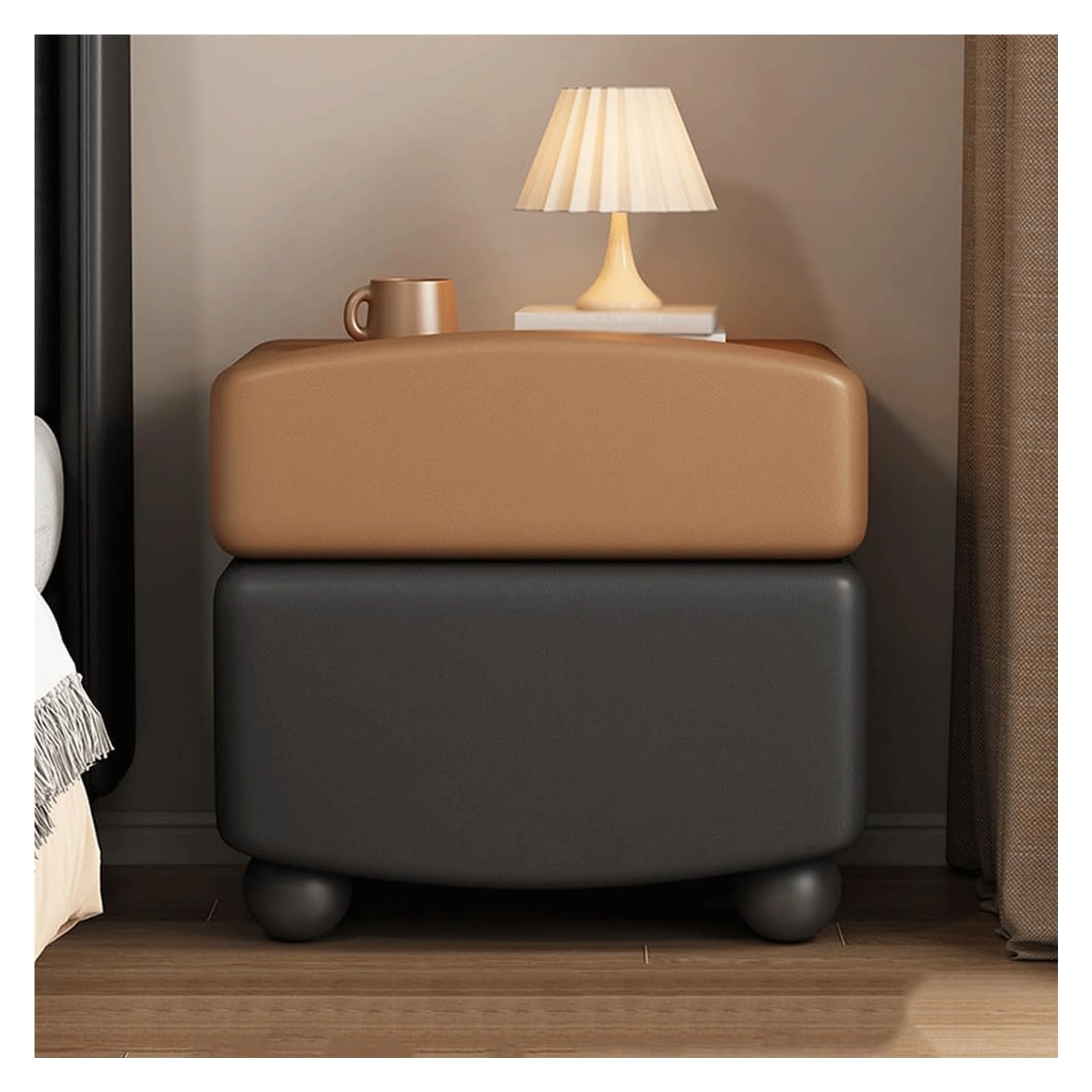 SXZenSpace Lightweight Nightstands Solid Wood Bedside Cabinet with 2 Drawers,Bedside Table Small Leather Side Borderless Handle End Table(Walnut+Black,40cm/15.7in)
