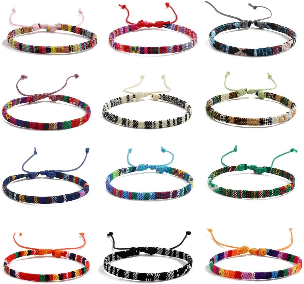 12Pcs Boho Surfer Bracelet Anklet Adjustable Beaded Handmade Braided Bracelet Colorful Rope Jewelry for Women Men