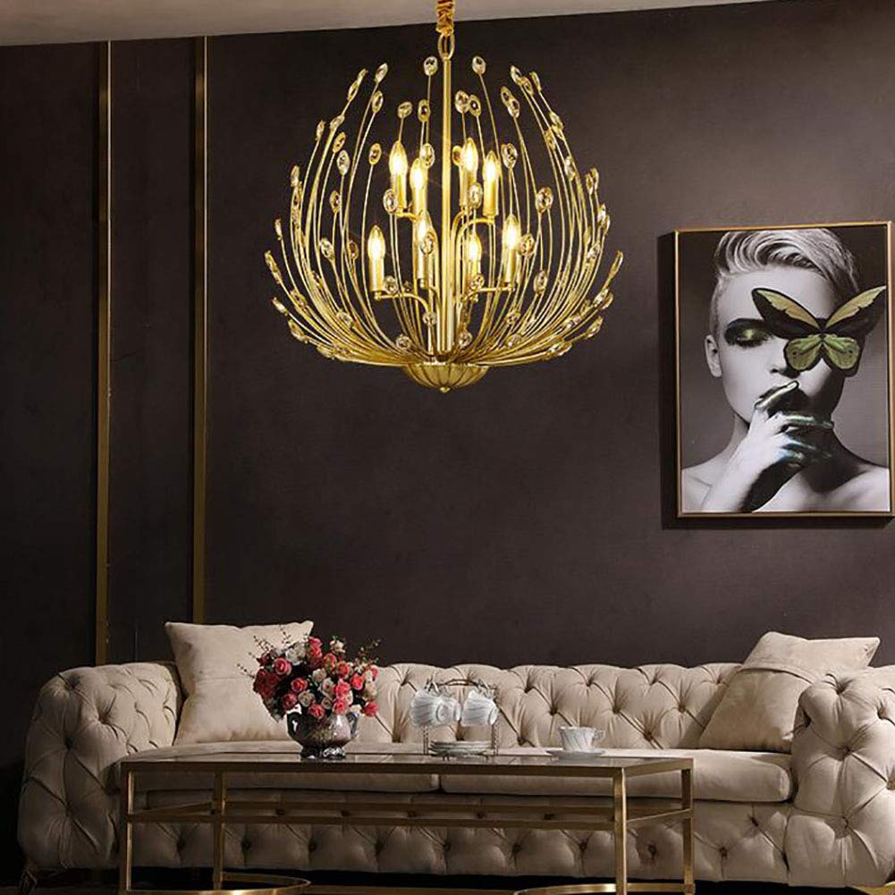 K9 Crystal Raindrop żyrandol, nowoczesna lampa wisząca w stylu industrialnym ze złotym żelazem do jadalni, łazienki, sypialni i salonu, 6 złotych świateł, pamiątkowa wizja