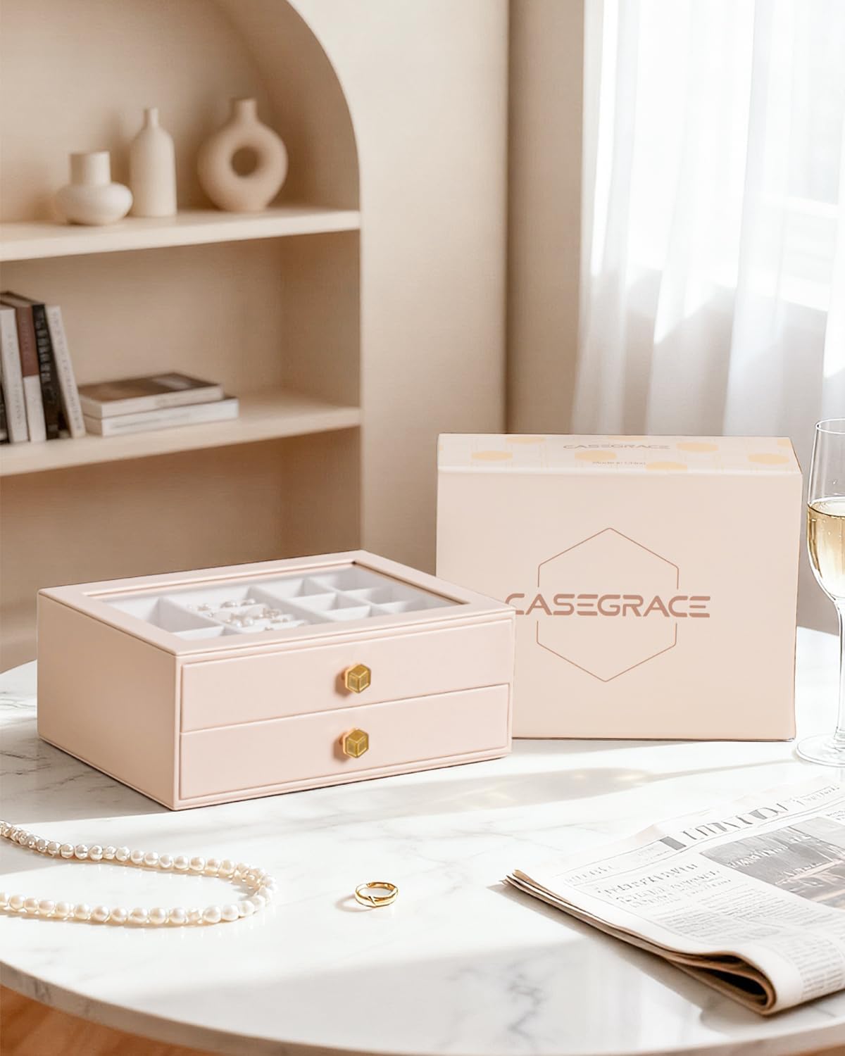 CASEGRACE Jewelry Box for Women with Glass Lid - Leather Jewelry Storage Organizer 2 Drawers for Necklaces, Rings, Earrings & Bracelets, Ideal Gift (Pink, 2 Layer)