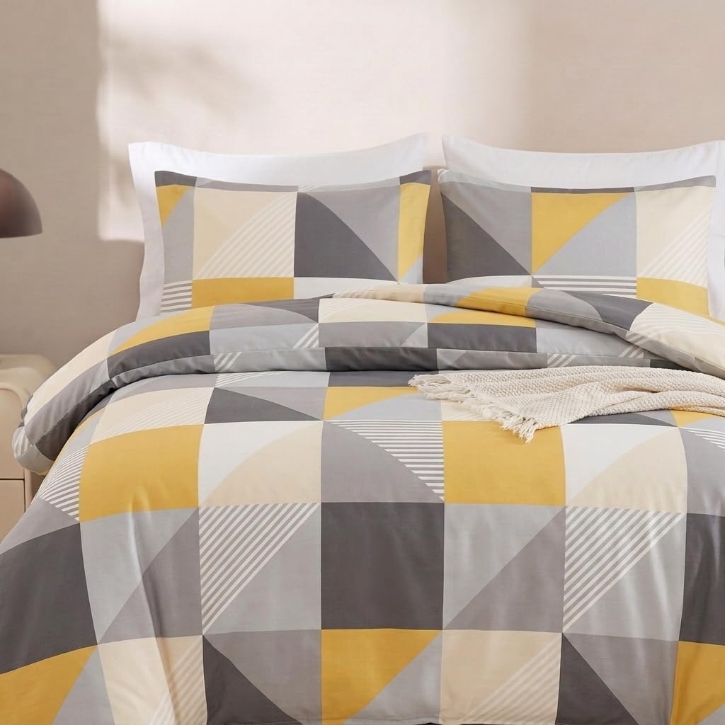Herside Boho Rustic Bedding Set King Size 100% Cotton Duvet Cover Set 3 Pieces Grey Yellow Geometric Diamond Pattern All Season Duvet Cover Set Reversible Cotton Bedding Set for Girls Boys Teens