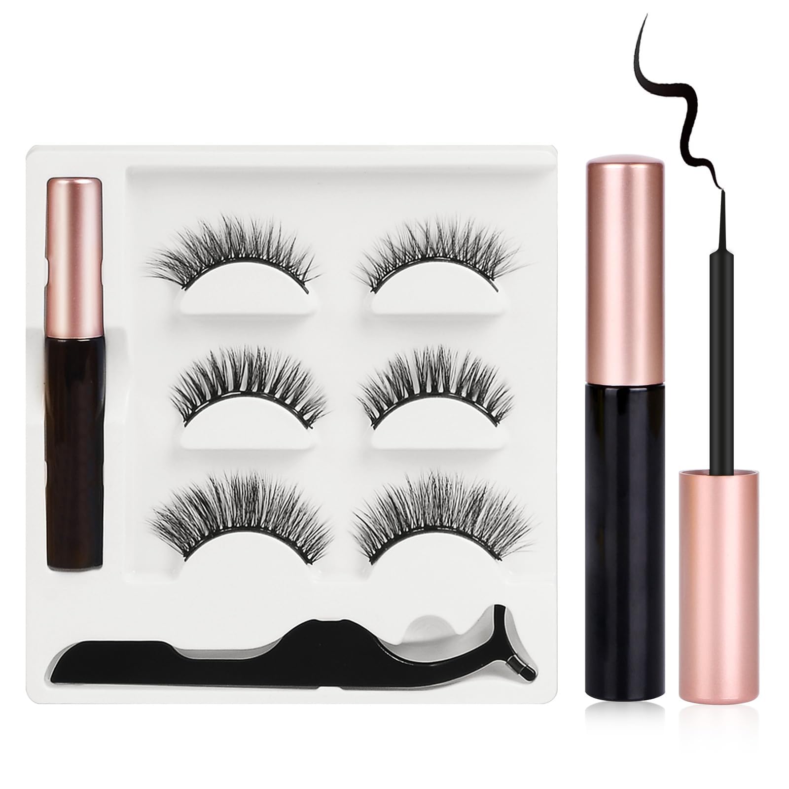 URAQT Pestañas Postizas Magneticas, 3D Magnetic Eyelashes Naturales Magnéticas Reutilizables, con Delineador de Ojos y Pinzas, 3 Pares Kit de Pestañas Magnéticas Naturales, Natural y Larga Duración
