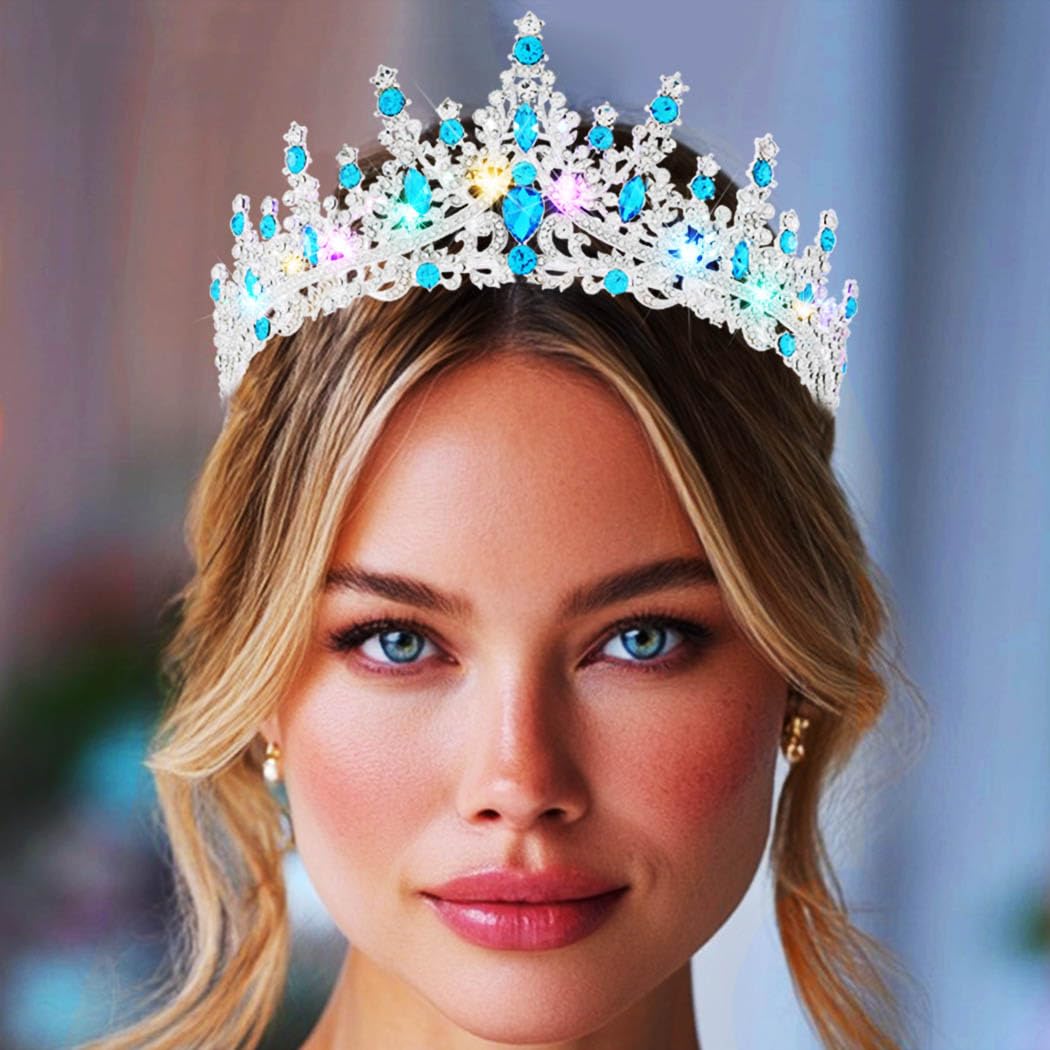 Kilshye Light Up Rhinestone Tiara LED Bridal Crown Wedding Costume Hair Accessories for Women