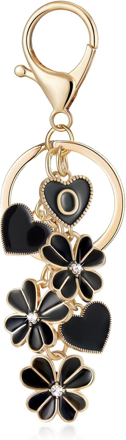 Initial Letter Keychain for Valentine's Day Women Gilrs Four Leaf Clover Flower Keyring for Backpack Charms Handbag