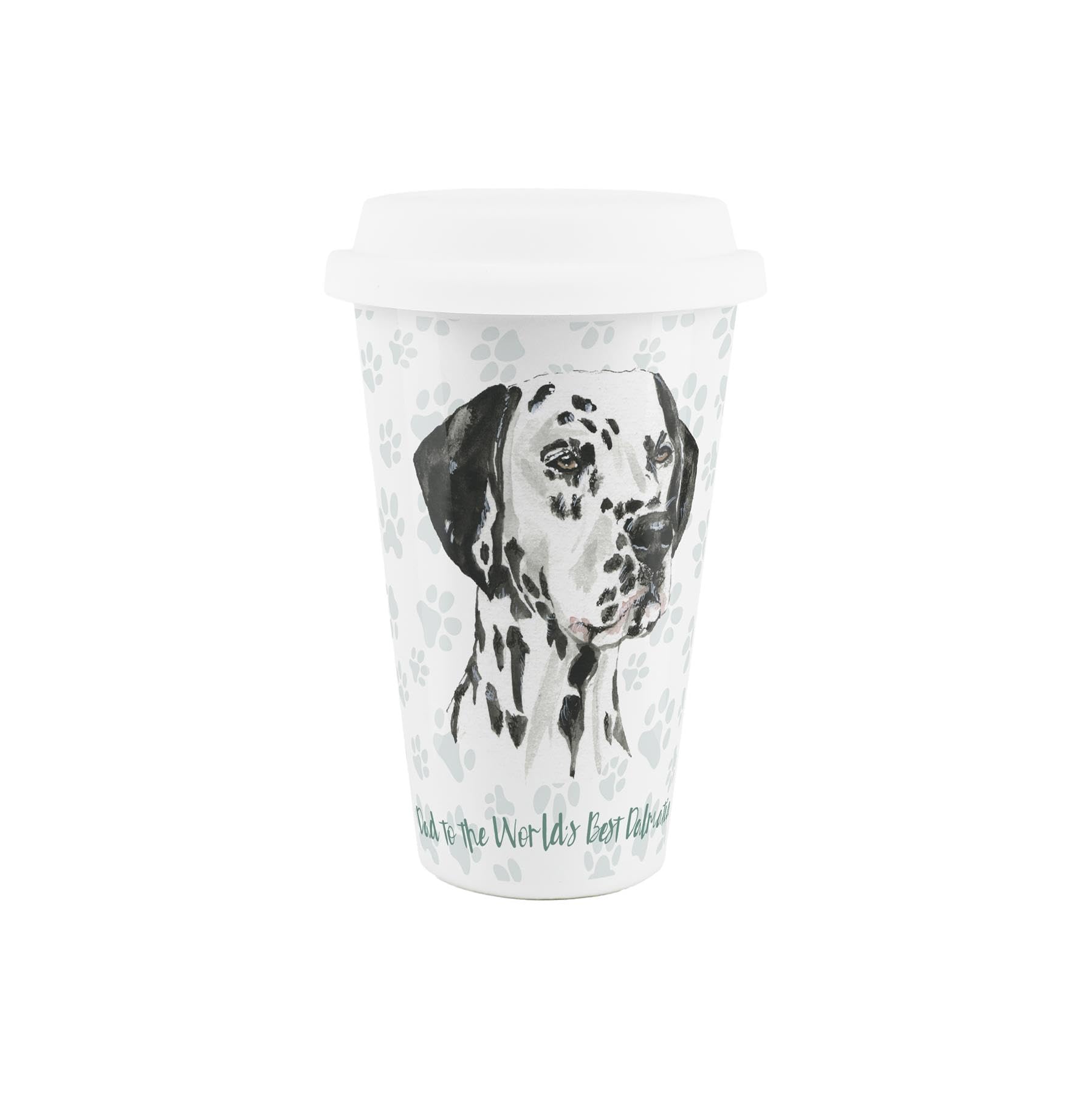 Purely Home World's Best Dalmatian Dog Ceramic Travel Mug - Novelty Gifts for Dog Dads - Reusable Silicone Lid Double-Walled Insulated Hot/Cold Drinks Tea Coffee Cup