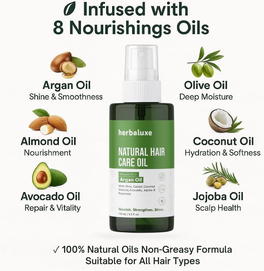 Herbaluxe Natural Hair Growth Oil 100ml, Argan & Castor Oil Blend for Stronger Thicker Hair, Nourishes Scalp - Image 4