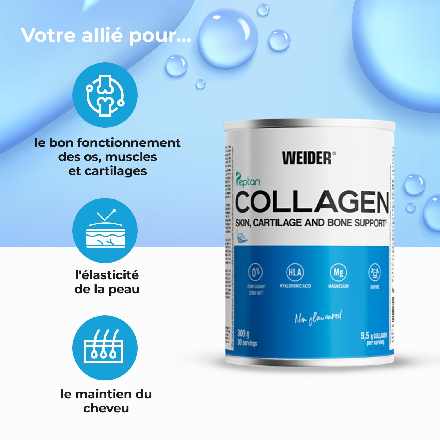 Weider Collagen Pack DUO. Peptide de collagène hydrolisé Peptan Enrichi d’acide hyaluronique, de magnésium et de vitamine C. Pour la santé des os et des articulations. Sans arôme. 300g