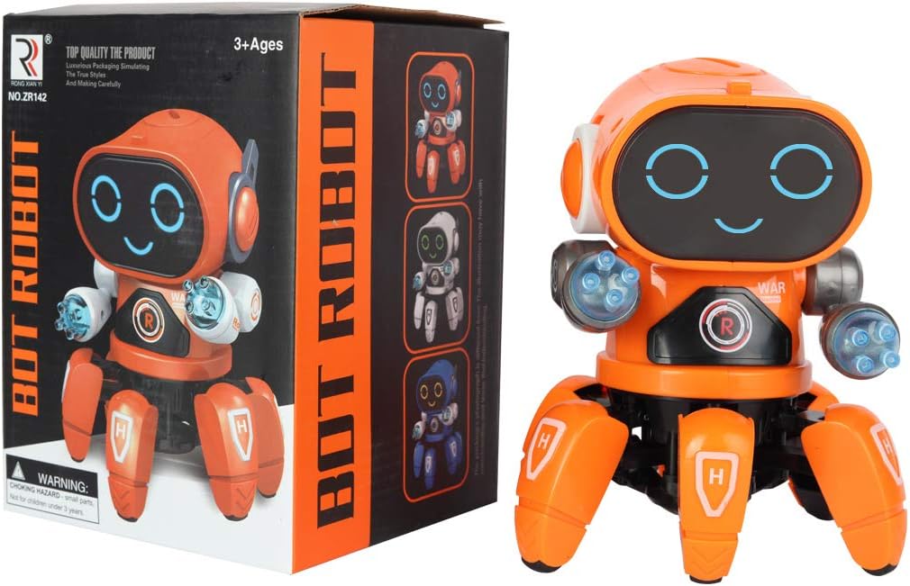 IndiKidz Smart Bot Robot with Music, 7 Colour Disco Lighting, Hand Movement with 6 Spider Legs Smiling face for Kids & Babies (Orange)