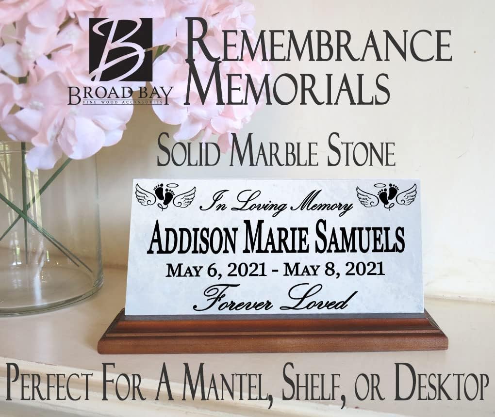 Broad Bay Loved One Memorial Remembrance Stone Personalized Sympathy Gift Marble Decoration for Bereavement or Condolence Shelf or Mantel Sign (Baby Footprints & Angel Wings Memorial Stone)